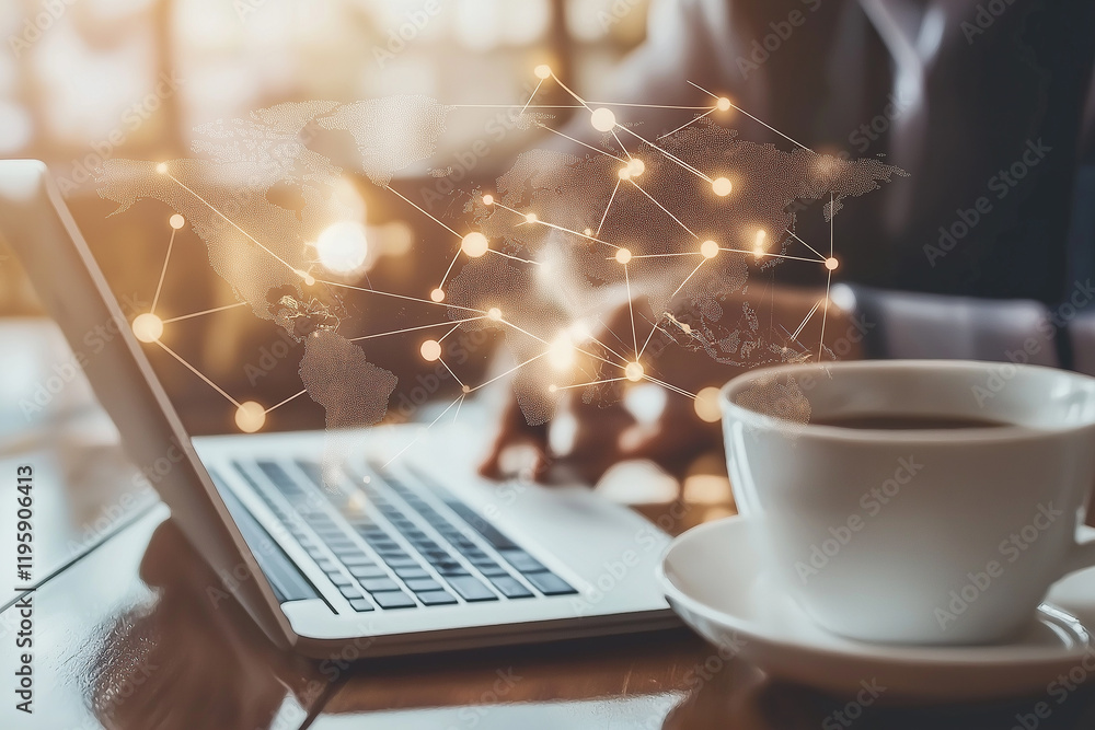 Poster global networking and remote work concept with laptop and coffee