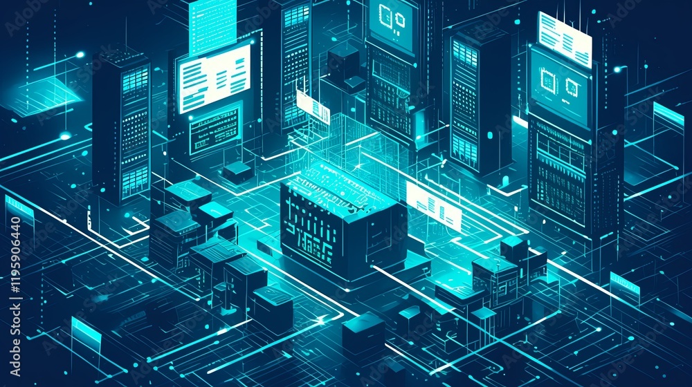 Poster futuristic digital data hub showcasing advanced technology and network systems