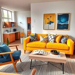 Scandinavian interior design of modern living room. Grey sofa and yellow chairs in studio apartment.