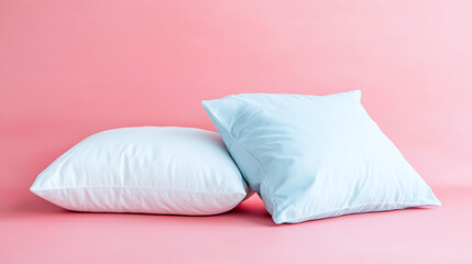 Blue or white pillow on pink background, serene cozy and soft relaxation bedding, peaceful tranquil and sweet bedroom sleep and dreams, serenity, nap, resting, elegant.