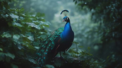 Obraz premium Beautiful blue and green peacock animal portrait photography in forest woods nature outdoors. copy space, exotic bird with beautiful feather tail, summer outside.