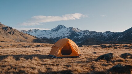 A vibrant orange tent sits on a grassy field in the mountains, under a clear sky during sunset, creating a serene and cinematic scene.