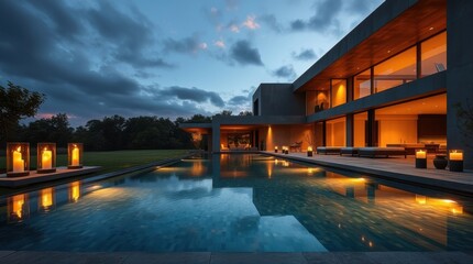 Fototapeta premium Modern house with infinity pool at dusk. Lit candles and warm interior lighting create a serene atmosphere.