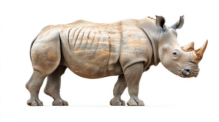 Obraz premium Side view full body length portrait of rhino animal with horn isolated on white background. africa safari rhinoceros endangered species wildlife, large gray dangerous herbivore with big head.
