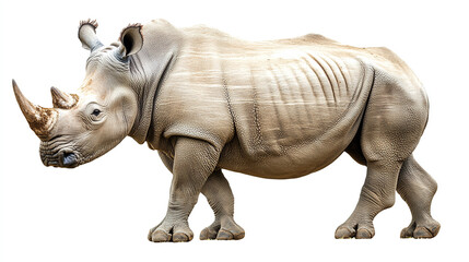 Obraz premium Side view full body length portrait of rhino animal with horn isolated on white background. africa safari rhinoceros endangered species wildlife, large gray dangerous herbivore with big head.