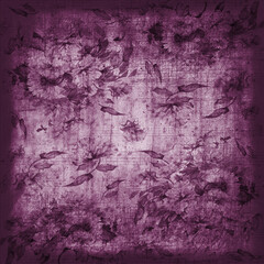 Vintage purple grunge floral background with faded blossoms and textured edges, ideal for artistic projects, scrapbooking, and elegant decorative themes.