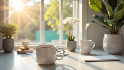 Serene morning coffee scene with sunlight - perfect for lifestyle blogs, wellness websites, home decor inspiration, and mindfulness presentations