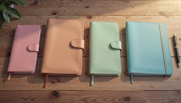 Pastel leather notebooks in pink, tan, mint, and blue - ideal for stationery websites, planner blogs, office supply catalogs, and organization tips