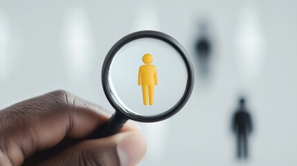 A hand holds a magnifying glass focusing on a small yellow figure, symbolizing customer attraction against a blurred background.