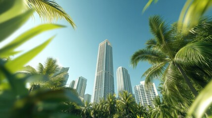 Fototapeta premium A double exposure image blending a lush green forest with modern skyscrapers, creating a harmonious blend of nature and urban life.