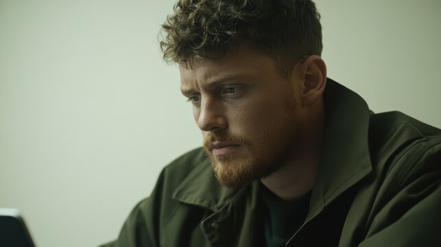 A thoughtful young man with curly hair and a beard is sitting pensively, wearing a dark jacket. The mood is contemplative and introspective.