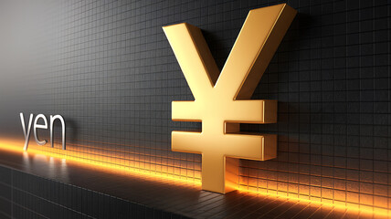 Golden Yen Symbol on Black Tile Wall