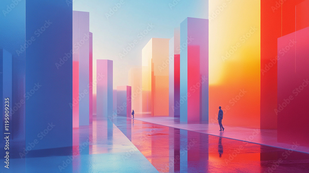 Poster two figures navigate a colorful urban landscape filled with transparent structures