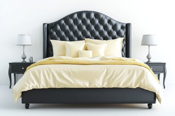 A black bed with a white comforter and pillows. The bed is surrounded by lamps and a nightstand. The bed is very large and the pillows are fluffy