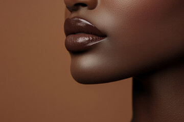 Close-up of smooth brown skin and glossy lips against a warm background
