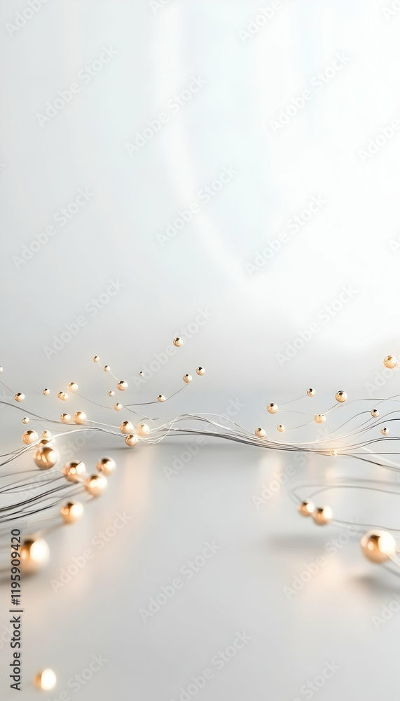 Poster abstract golden spheres connected by thin lines on a light grey background, suggesting a network or 
