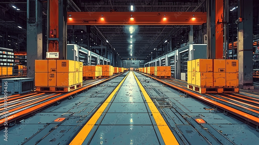 Poster modern automated warehouse with conveyor systems and organized storage boxes