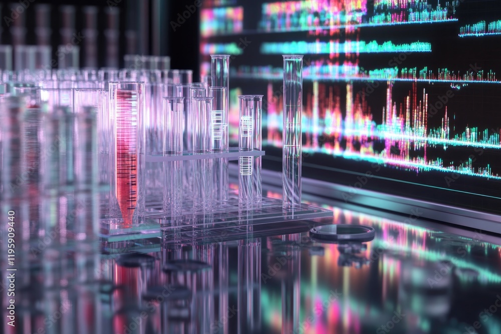 Poster colorful test tubes in focus with digital data visualization in