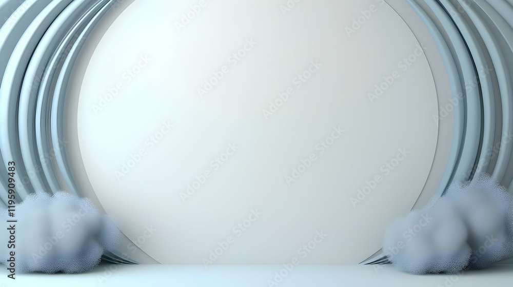 Poster Abstract light blue studio backdrop with empty circle display space and soft clouds, ideal for product presentations or website banners