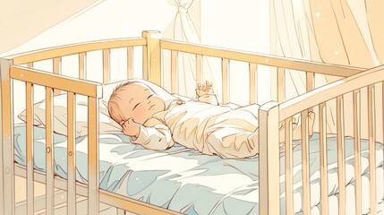 Peaceful newborn baby sleeping in a cozy wooden crib with soft light