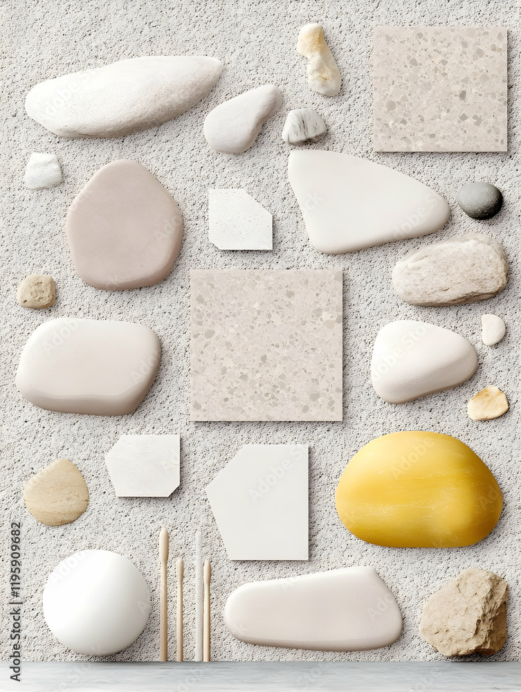 Poster abstract stone and shapes arrangement on textured background; design mockup for branding or website