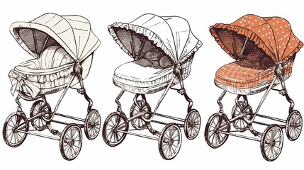 Vintage baby pram illustrations with patterns and elegant designs