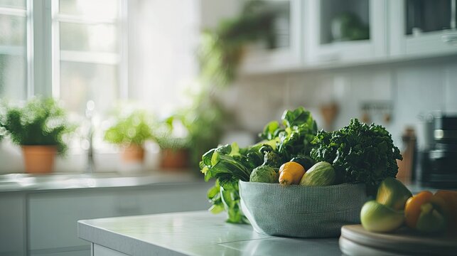 Fresh produce arranged beautifully in modern kitchen, emphasizin