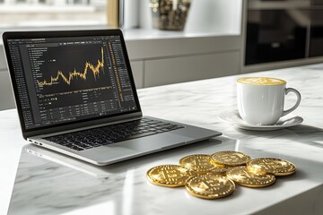 Laptop displays financial data beside cup of coffee and shiny co
