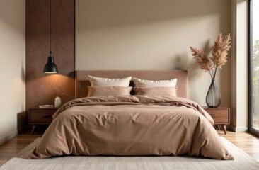 cozy minimalist bedroom interior design with brown bedspread, elegant bedside tables and pampas grass in vase. contemporary home decor, natural tones of mocha mousse - color of the year 2025