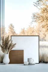 Autumnal scene with blank canvas, wooden block, pampas grass, and coffee cup, near a large window overlooking a park. Ideal for mockups or advertisements
