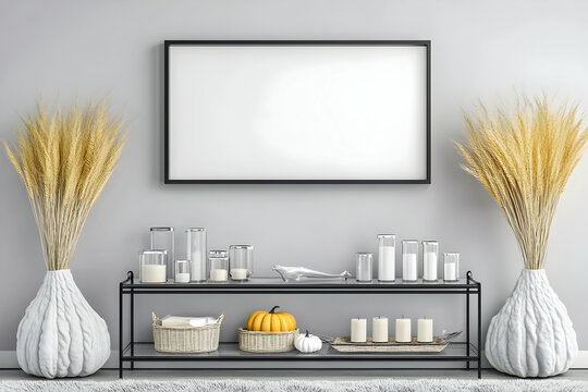 Autumnal living room decor with blank frame, pampas grass, pumpkins, candles, and glass containers. Ideal for interior design or home decor websites