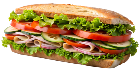 Freshly made sandwich with layers of vegetables and deli meats at a casual dining spot