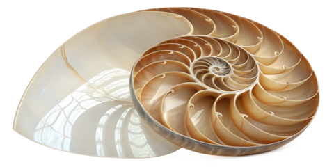 Unique nautilus shell exhibits intricate spiral patterns under soft light in a serene environment
