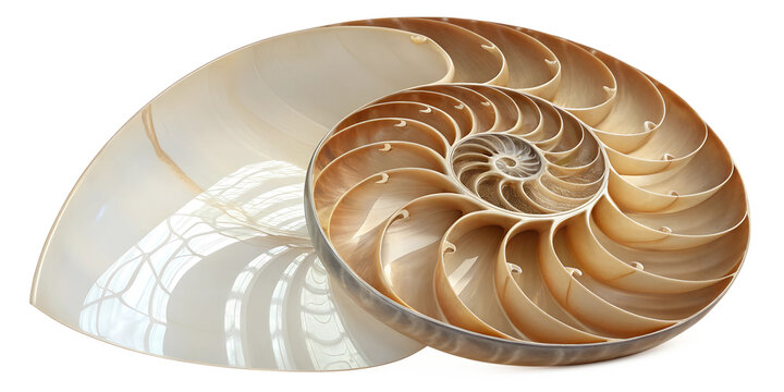 Unique nautilus shell exhibits intricate spiral patterns under soft light in a serene environment