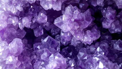 Close-up view of a cluster of vibrant purple amethyst crystals with sharp geometric shapes