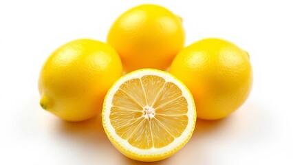 Close-up of four vibrant yellow lemons, one cut in half, on a bright white background