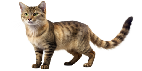 Domestic cat standing confidently with a curious expression, showcasing its distinct fur patterns and posture in a neutral environment