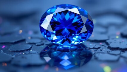 Round cut sapphire gemstone with facets on a reflective surface under blue light