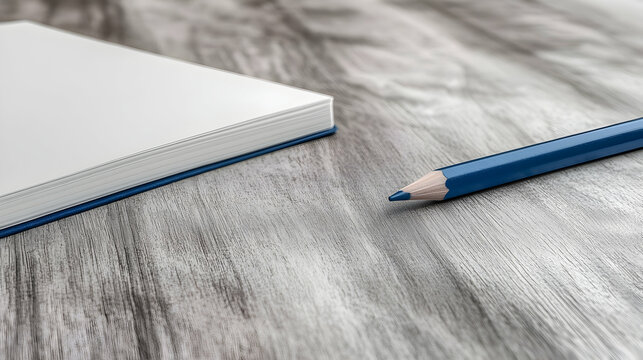 Blank notebook and blue pencil on wooden desk; planning, ideas, creativity; background of wood grain