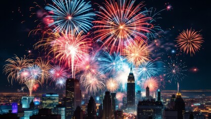  Colorful fireworks display over a city skyline at night with dark sky and bright lights