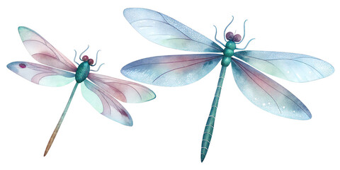 Dragonflies in soft pastel colors hover above delicate foliage in a serene setting, showcasing...