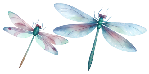 Dragonflies in soft pastel colors hover above delicate foliage in a serene setting, showcasing intricate wing patterns and vibrant bodies