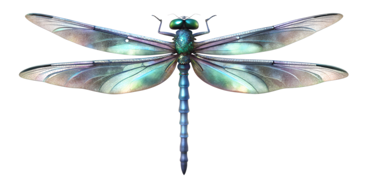 Detailed depiction of a vibrant dragonfly with iridescent wings in a natural setting near a serene water body during daylight hours