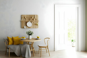 Bright dining nook with wooden table, chairs, and yellow cushions, overlooking a garden. Ideal for home decor blogs or real estate listings