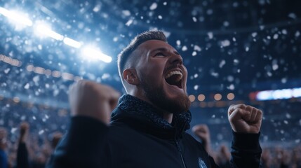 A jubilant soccer fan raises his fists in the air, celebrating passionately in a crowded stadium filled with excitement and energy, illuminated by stadium lights.