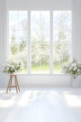 Bright room, white flowers, large window, spring garden view, ideal for home decor
