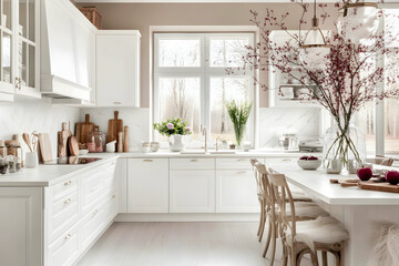 Bright white kitchen interior design, island counter, natural light, tree branches, spring decor, home design inspiration