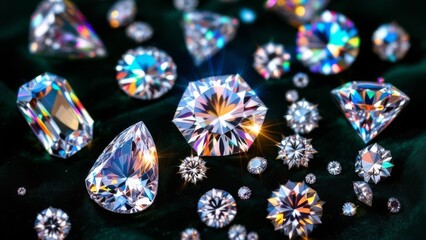 Assorted cut and faceted clear diamonds scattered on a dark green velvet surface with shining light
