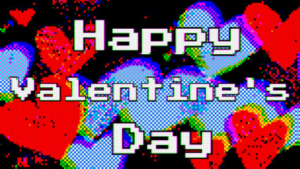 Colorful pixelated Valentine's Day card with vibrant hearts on black background. Perfect for retro themed celebrations, digital greetings, social media sharing. 