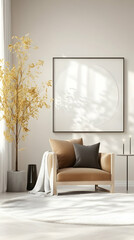 Calm living room interior design, sunlight through window, beige armchair,  minimalist decor, home design inspiration